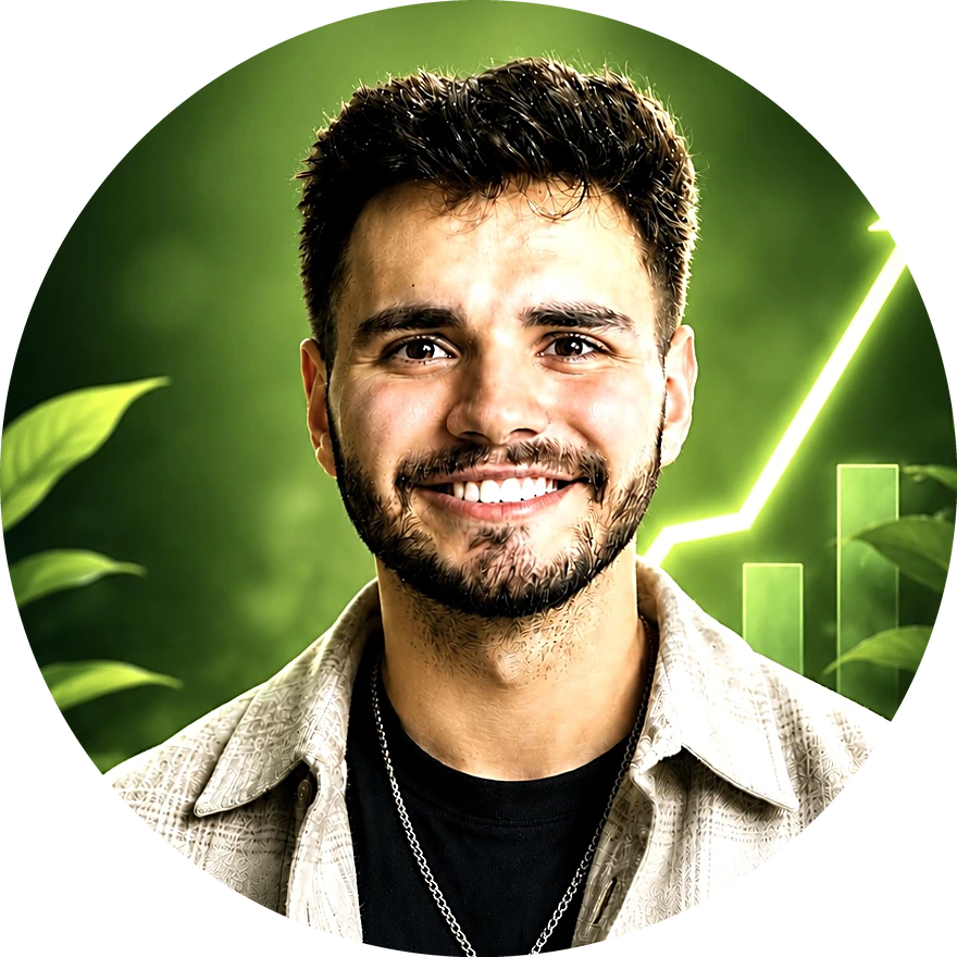 Portrait of a smiling man in a green, plant filled background